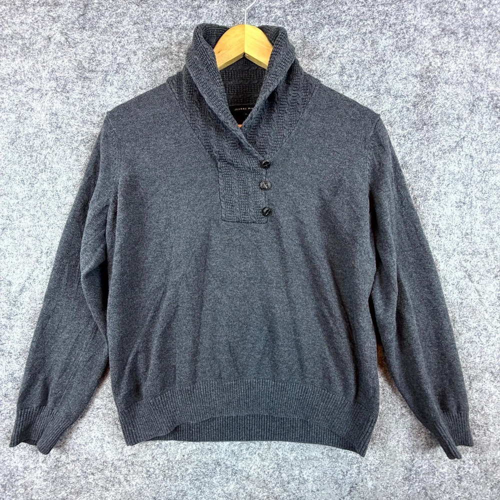 Jeanne Pierre Sweater Mens Large Charcoal Gray Shawl Collar‎ Tight Knit Winter